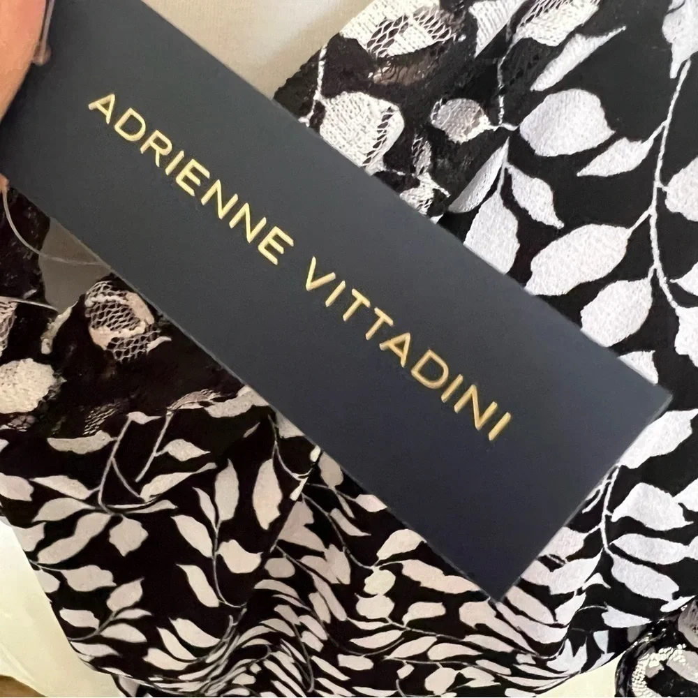 Adrienne Vittadini Blouse NWT Black White Leaf Prnt Lace Sleeve Tie Neck VK32766 - Picture 12 of 12